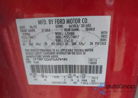 2007 Ford F-150 Stx/Xl/Xlt z USA, uszkodzony, nr VIN 1FTRF12247NA79180